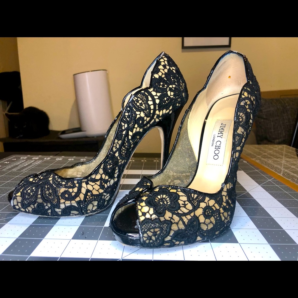 Jimmy Choo lace peep toe platform heel